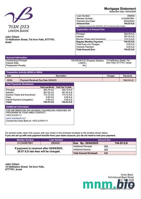 Izrael Bank Union (Bank Igud) wyciąg z kredytu hipotecznego szablon Word i PDF